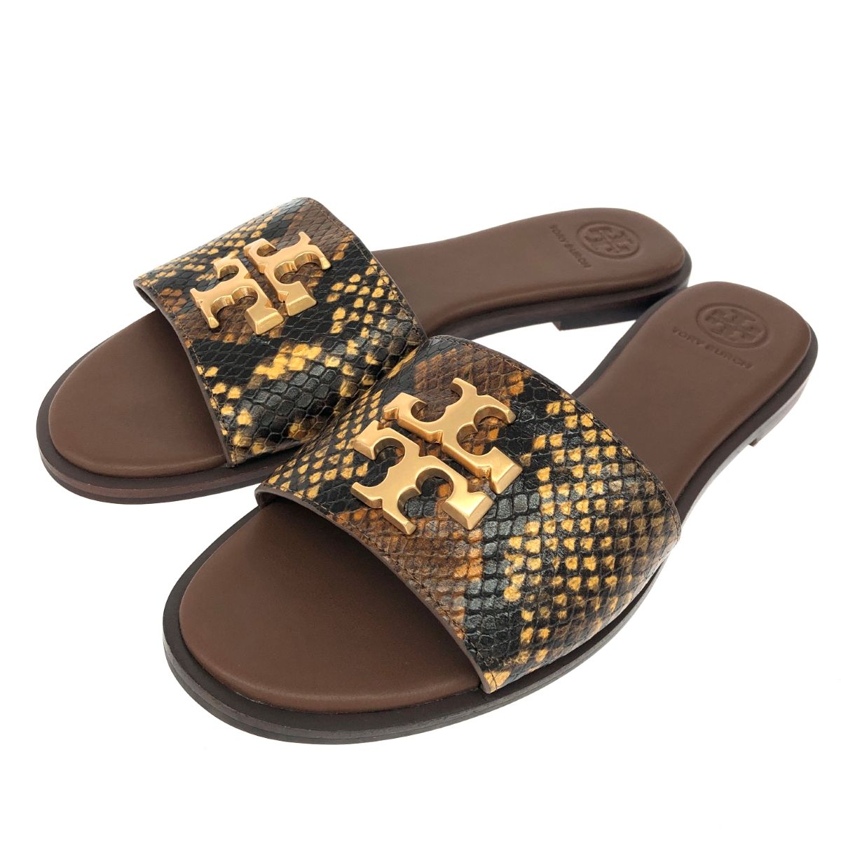 TORYBURCH トリーバーチ サンダル 表記サイズ 7 ロゴバックル パイソン型押しレザー ブラウン レディース 241011011658