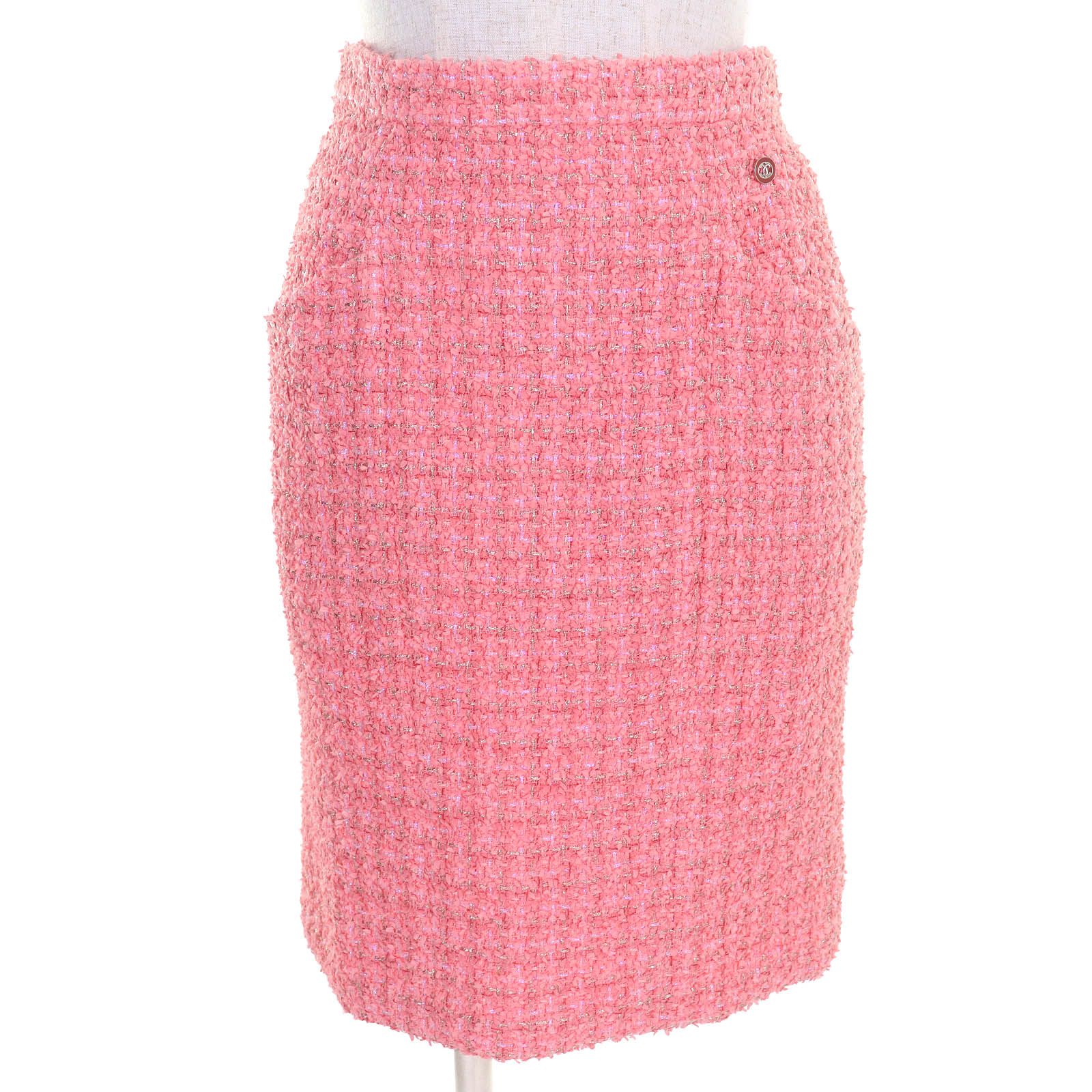 △CHANEL シャネル P63188 ココマークワンポイント タイトスカート ツイードスカート ピンク ゴールド 36 フランス製 正規品 レディース