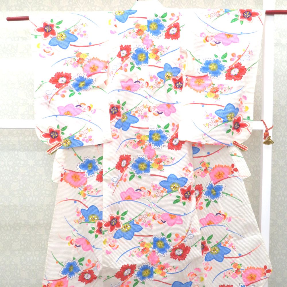 浴衣 子供ゆかた 女の子用 綿 リップル生地 白色 蛍光カラー 花 夏用 夏物 女児