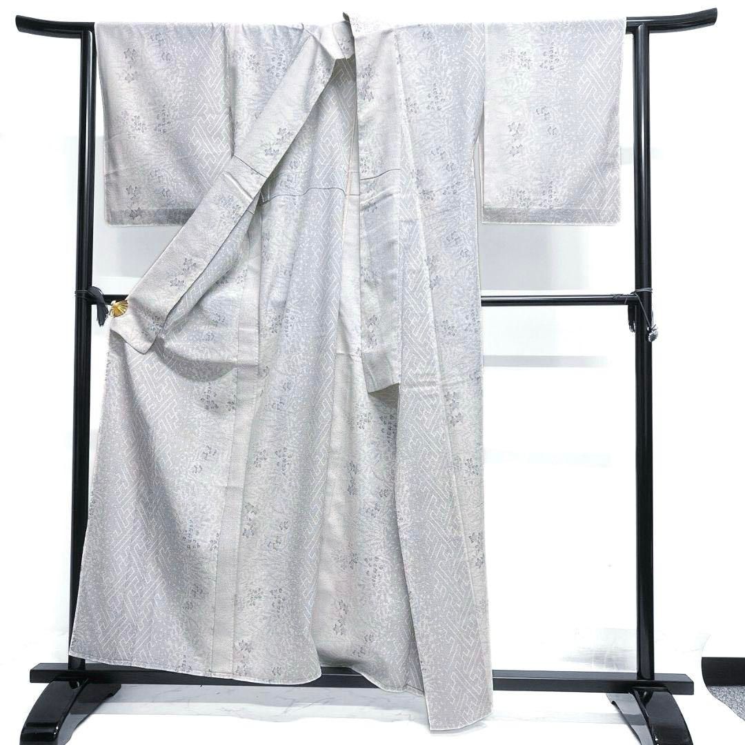 小紋　単衣　塩沢紬　紗綾形　桔梗　モノトーン　着物　074a p 小紋 単衣 塩沢紬 紗綾形 桔梗 モノトーン 着物 074a p