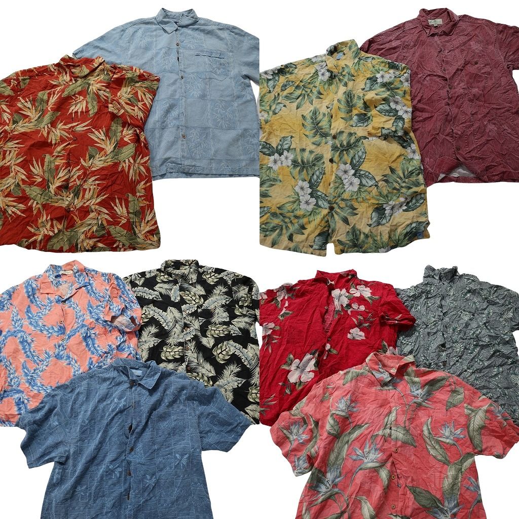 古着卸 シルク100％ アロハシャツ 半袖シャツ 10枚セット メンズ XL ハイビスカス リーフ柄 モンステラ 古着 NA3100
