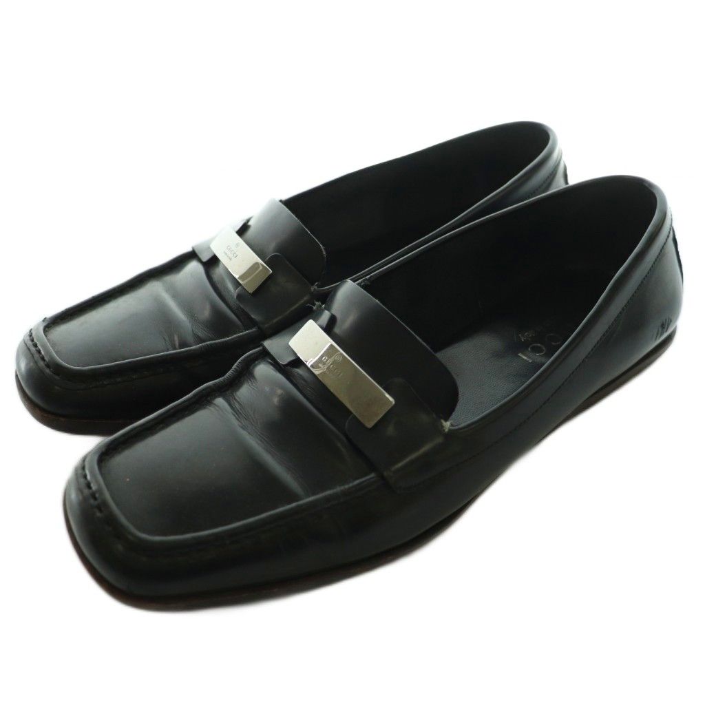 GUCCI　グッチ　ロゴプレートレザーローファー　ブラック x シルバープレート ちあき 様 美品 GUCCI グッチ シルバー ロゴ プレート