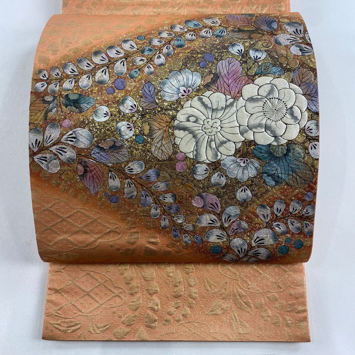 辻が花 袋帯 青色 お太鼓柄 B-63 袋帯 美品 秀品 辻が花柄 雲文 刺繍 金銀彩 オレンジ お太鼓柄