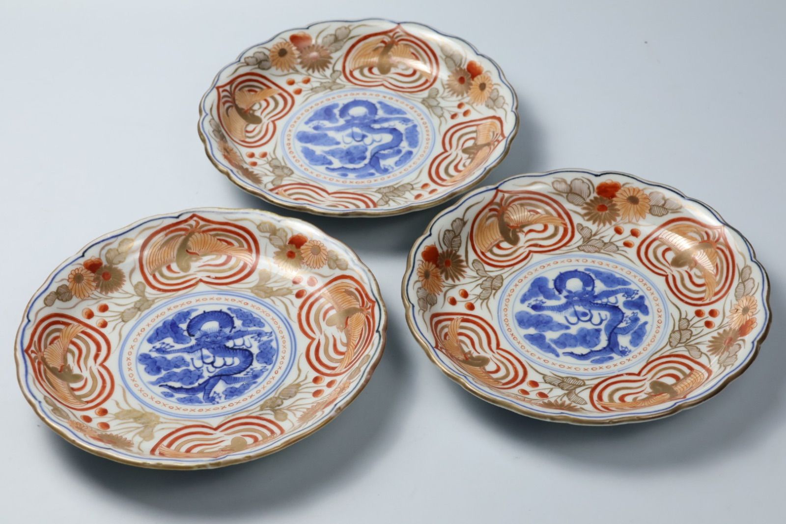 骨董 アンティーク 色絵 祥瑞 金襴手 双菊 瓢箪 向付 変形皿 2枚組