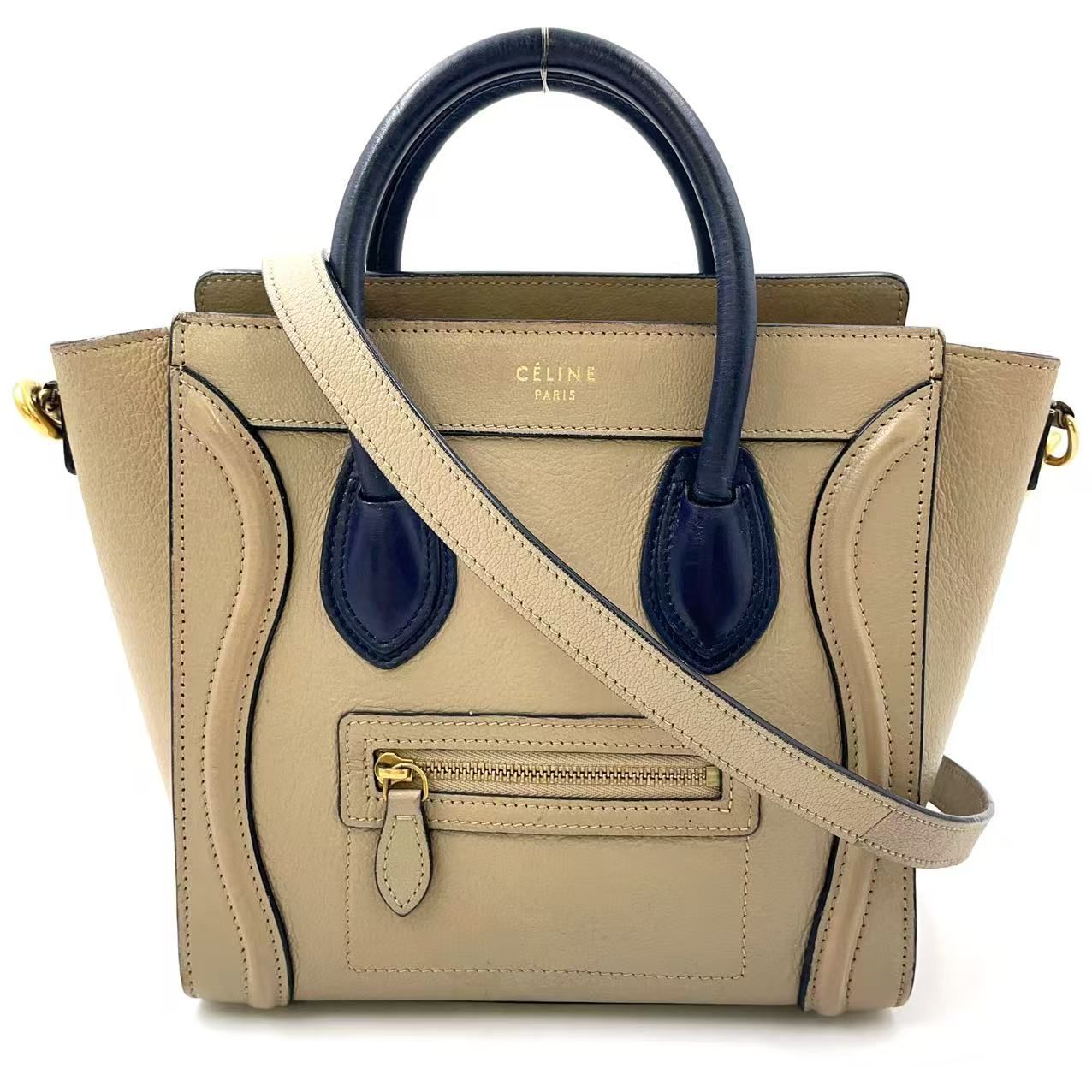 CELINE ラゲージマイクロショッパー レザー ネイビー×ベージュ