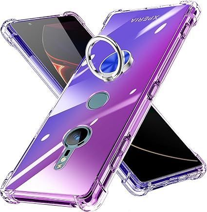 Xperia XZ2 ケース リング SO-03K SOV37 702SO カバー TPU 薄型 リング付き 回転リング 車載ホルダー対応 ケース 黄変防止 耐衝撃 滑り止め 指紋防止 カメラ保護 TPU カバー 紫+青N408-xz2-0