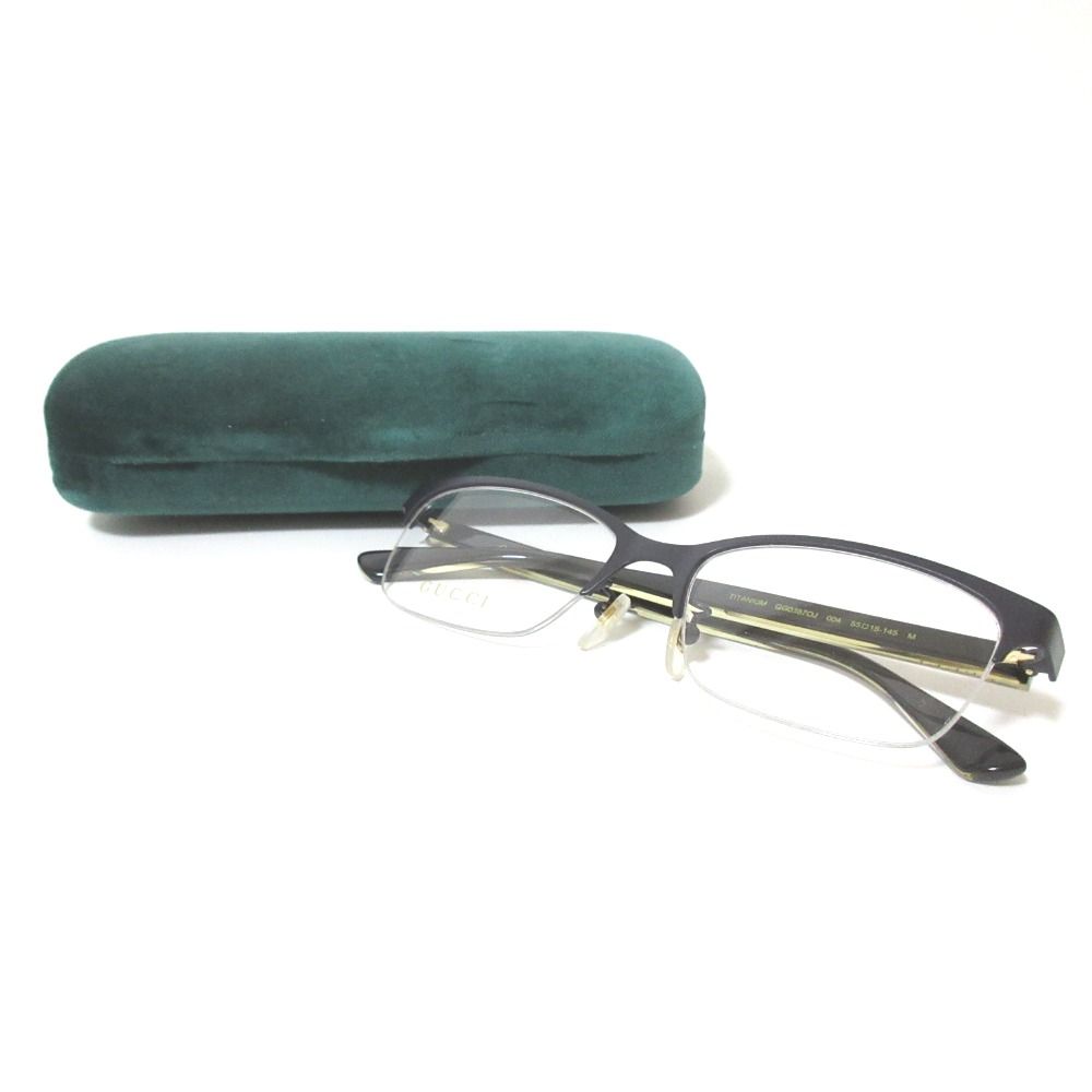 美品 GUCCI グッチ チタンフロント セルテンプル ハーフリム スクエア メガネ 眼鏡 アイウェア GG0387OJ 5518-145 ブラック メンズ 古着 中古 USED