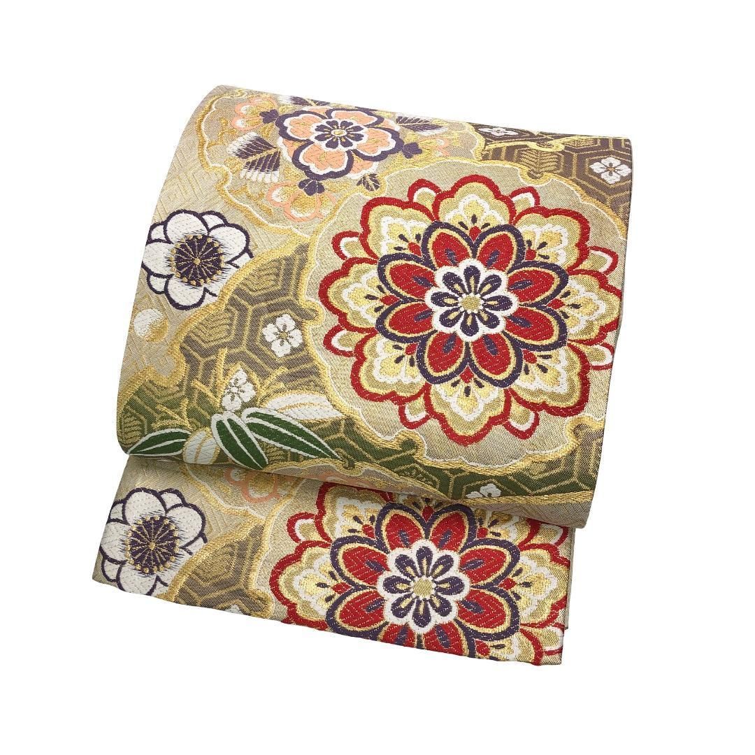 袋帯 雪輪 美しい華柄模様 金糸 生成色 振袖 O-5511