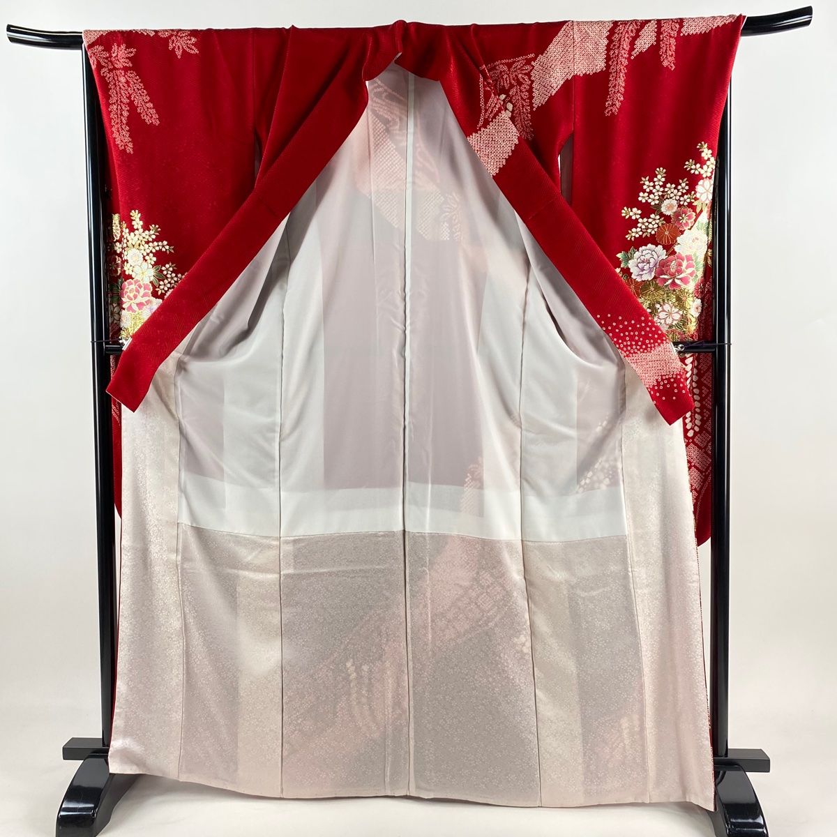 裄丈66 Cm着丈159Cm 袖丈49Cm～着物～名古屋帯～赤色帯締め～黄色帯締 振袖 身丈159cm 裄丈66cm M 袷 袋帯フルセット 蝶 桜 金糸 金彩 緑