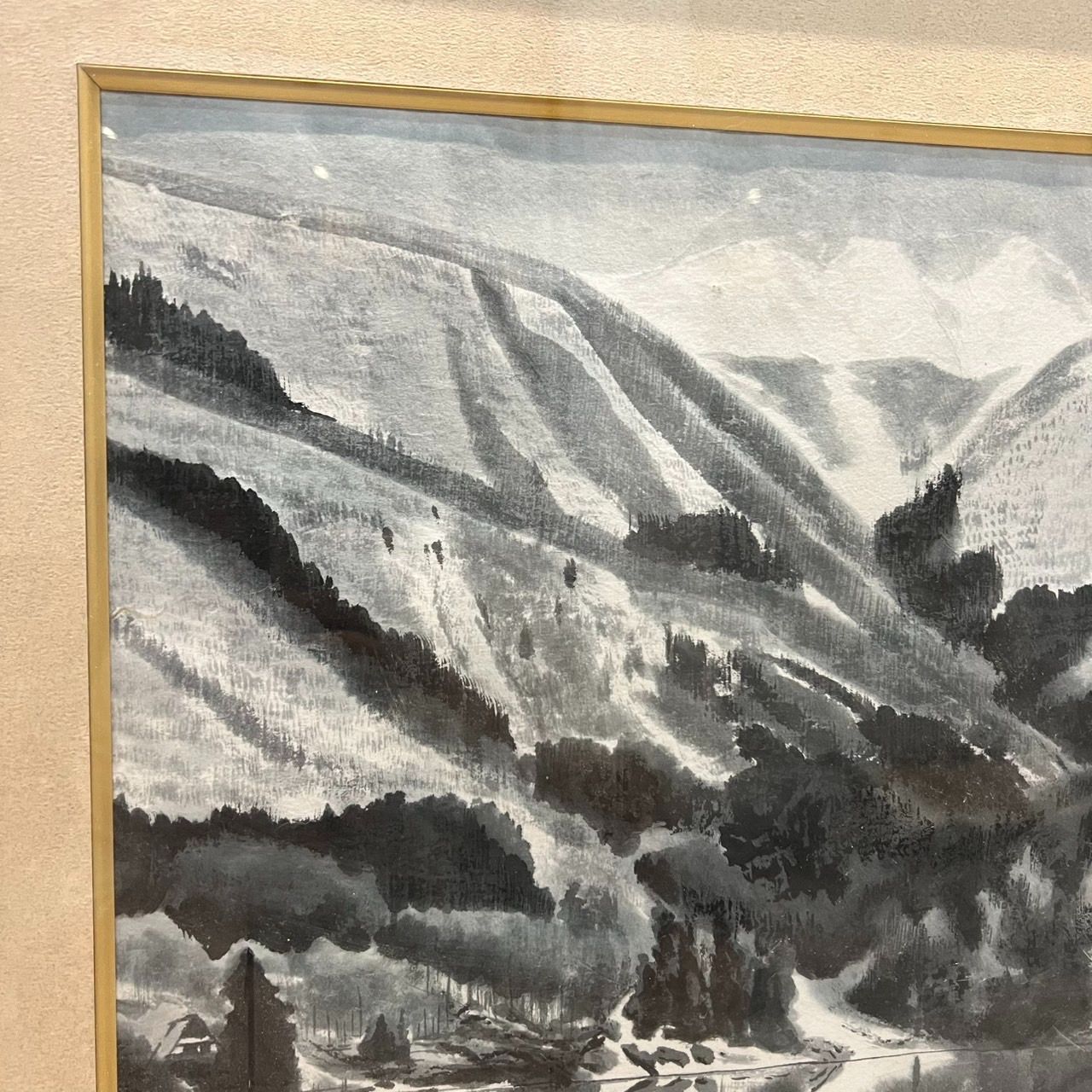模写 残雪湖映 妙墨 雪岳湖景 水墨山水画 額装 日本画 山水墨 風景画 本紙サイズ約 ガラス工芸 ステンドグラスコレクション