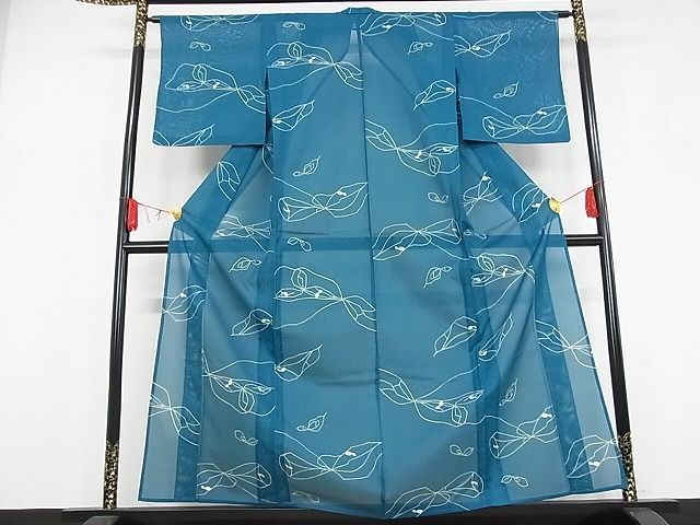 平和屋-こころ店■夏物　小紋　絽　枝葉文　着丈158cm　裄丈63cm　洗える着物　A-ma6890