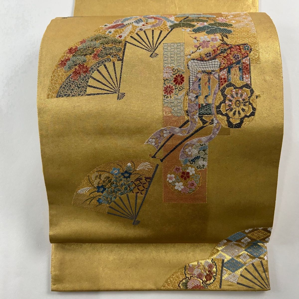 長嶋成織物瀞本金袋帯 袋帯 名品 長嶋成織物 落款 瀞金錦 関西仕立て 御所車 扇 箔