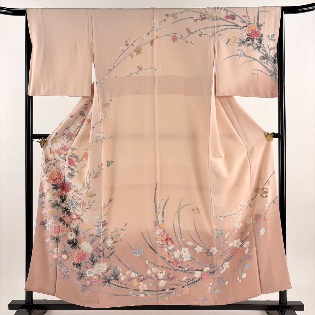 訪問着 身丈155cm 裄丈65cm M 袷 落款 菊 枝梅 ぼかし 薄ピンク 正絹 秀品