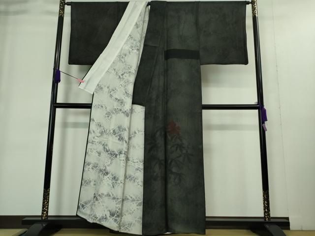 平和屋着物□極上 訪問着 無双 紗袷 紗×絽 手描き ハイビスカス 黒地