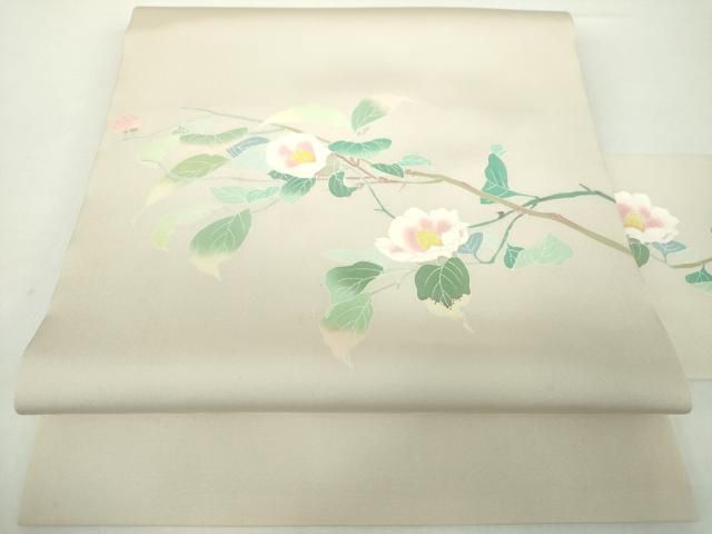 平和屋着物●塩瀬 九寸名古屋帯 友禅 作家物 枝花文 正絹 DAAY1657ps