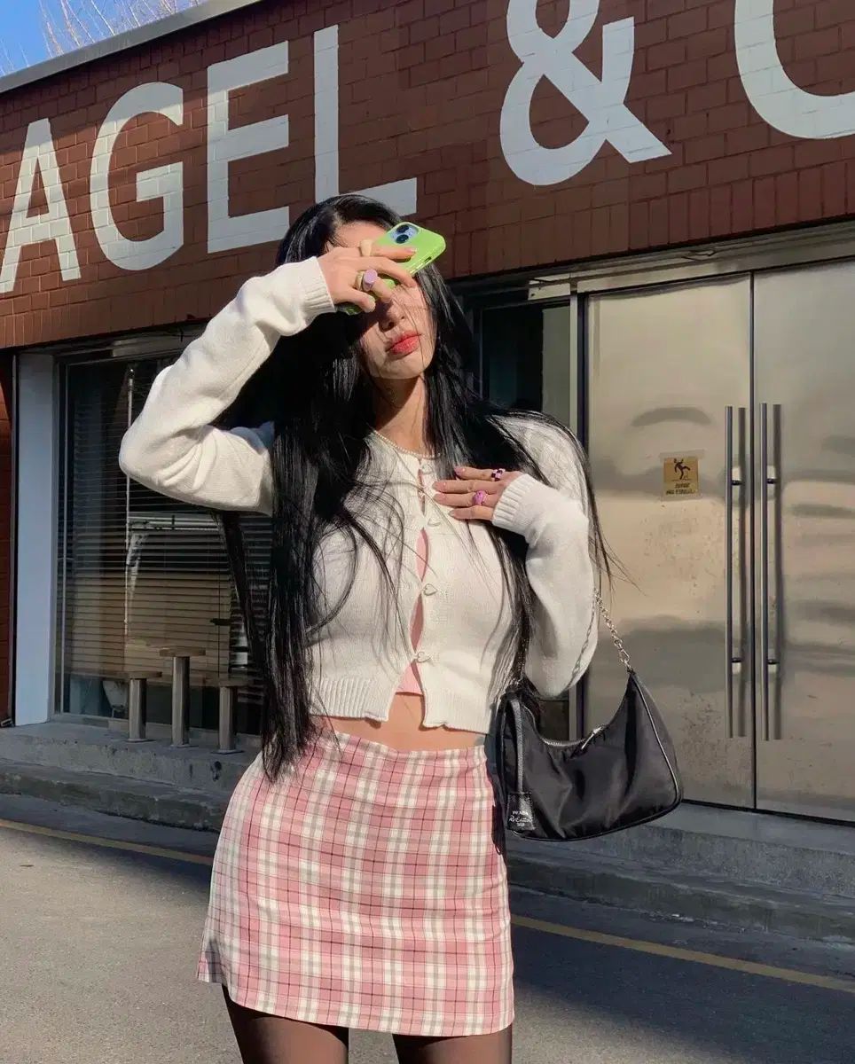 ピンク CHECK ミニスカート 白 カーディガン PALE JADE GULLKHAN_COM