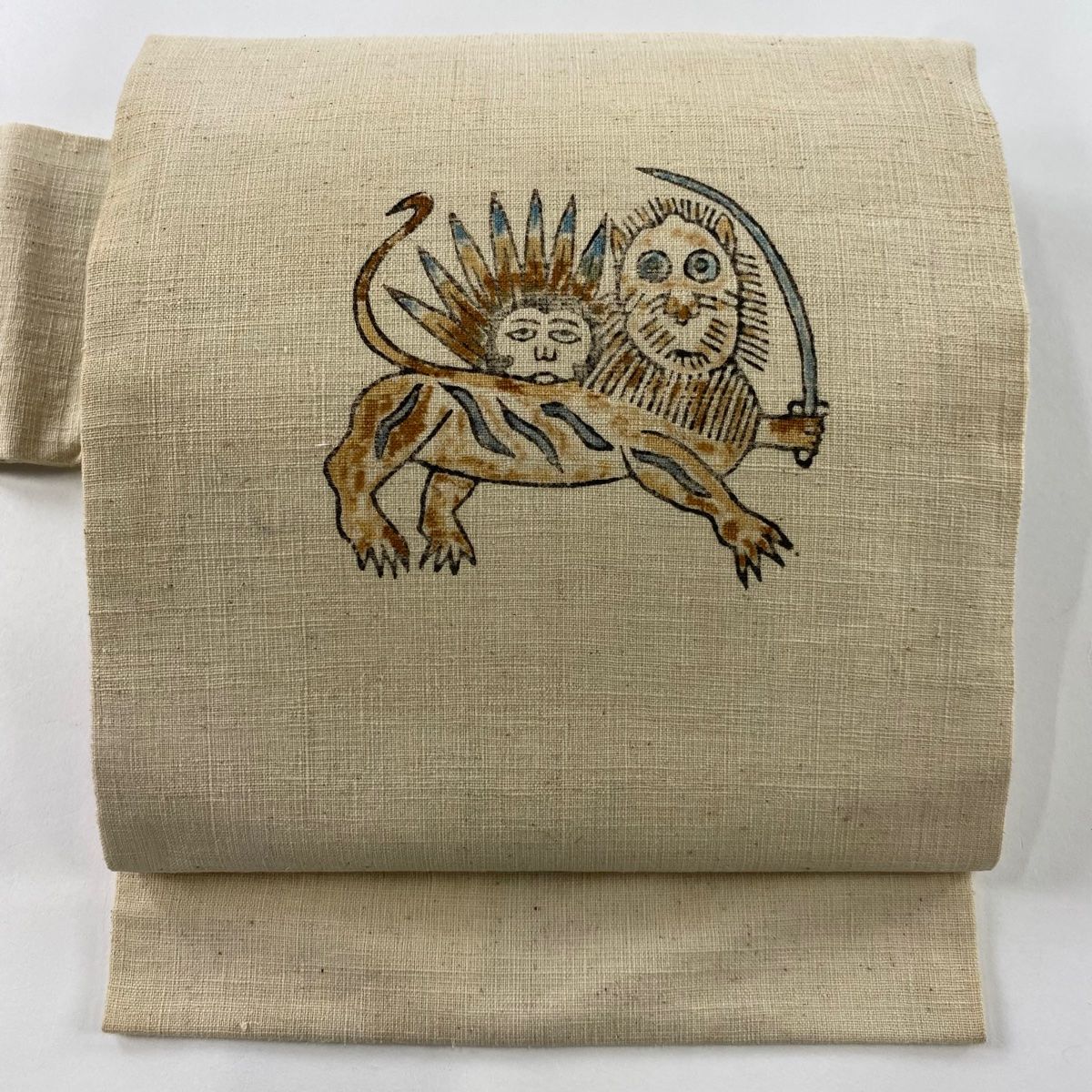 名古屋帯 秀品 紬 奇獣 剣 ベージュ 正絹