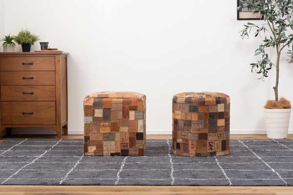 ヴィンテージ風レザータグのパッチワークスツール 約W40×D40×H44cm No.007 キューブ