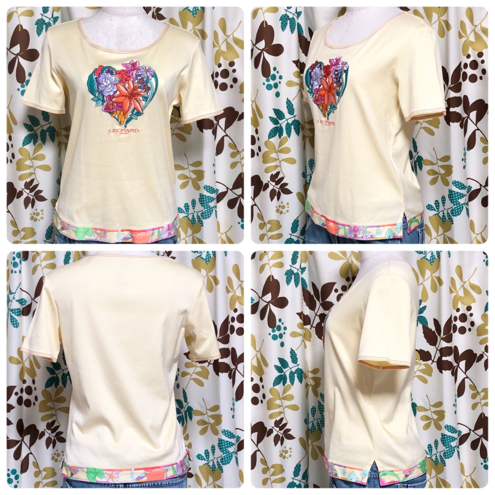 レオナールスポーツ　半袖シャツ　Tシャツ　ラインストーン　花柄刺繍　ブラック レオナールスポーツ 半袖シャツ Tシャツ ラインストーン 花柄