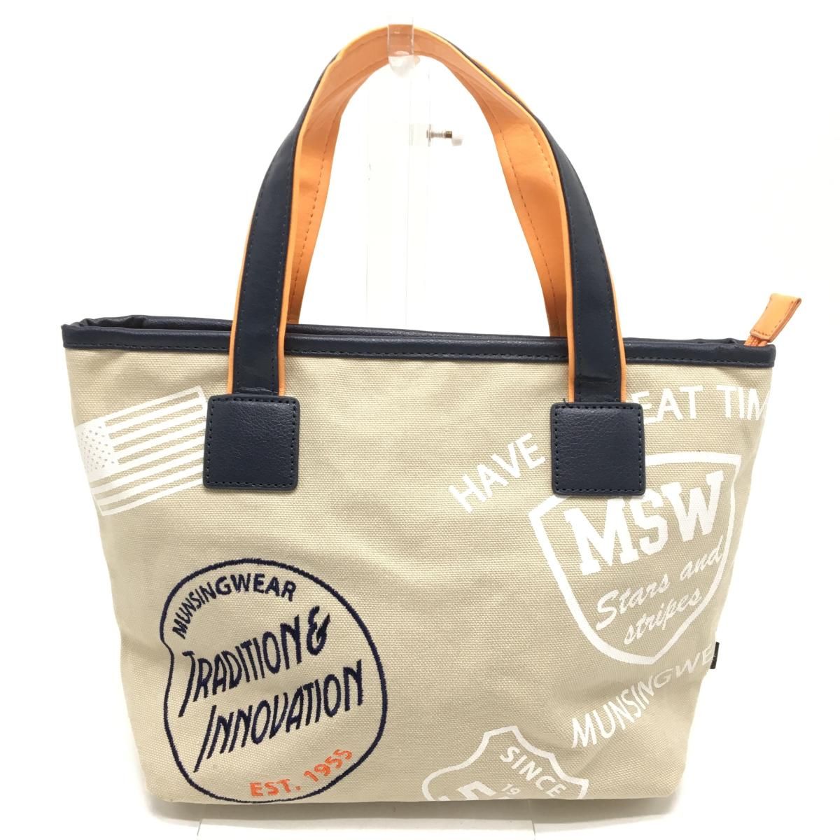 【美品】マンシングウェア カートバッグ ベージュ×ネイビー 前面総柄 内側ポケット ゴルフ Munsingwear