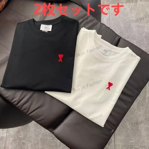 ami - アミパリスAmi paris白半袖Tシャツ赤ハート刺繍ロゴマーク