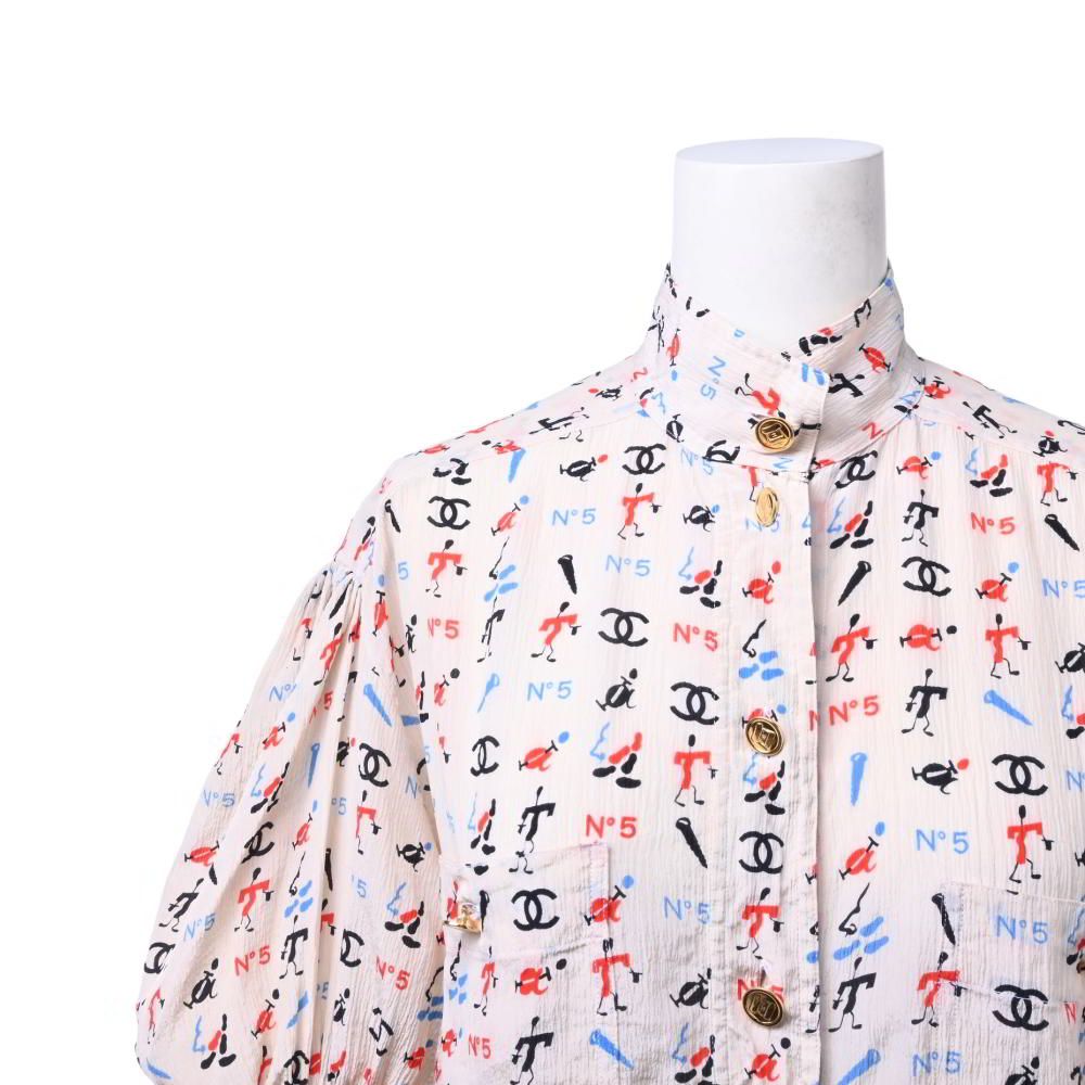 CHANEL ヴィンテージ シルク ココマークプリント 半袖ブラウス 34 ベージュ シャネル KL4BHLAP83 CHANEL ヴィンテージ シルク ココマークプリント 半袖ブラウス