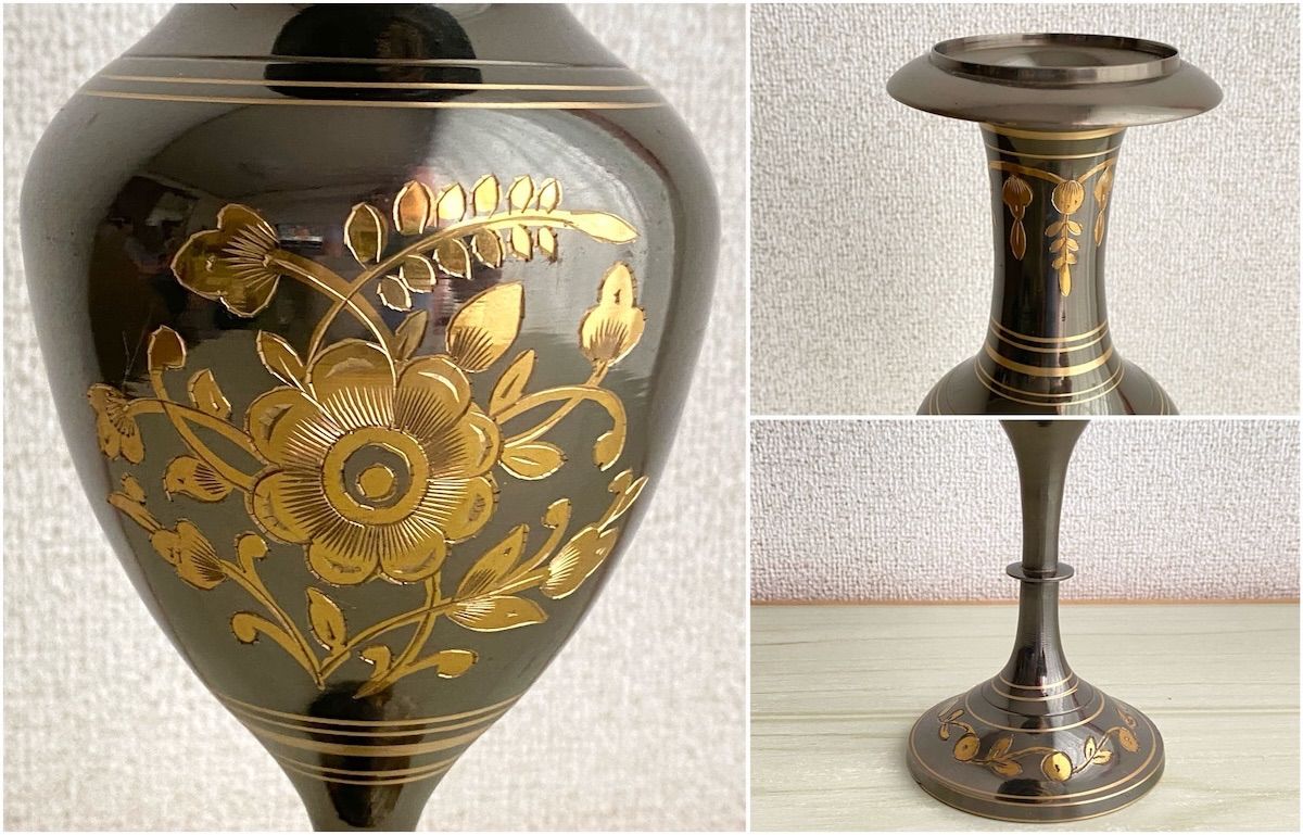 象嵌　銅製　花器　送料込み250714 黒木国昭 作 金彩象嵌「光琳」花器 共箱付き 壺 プラチナ象嵌