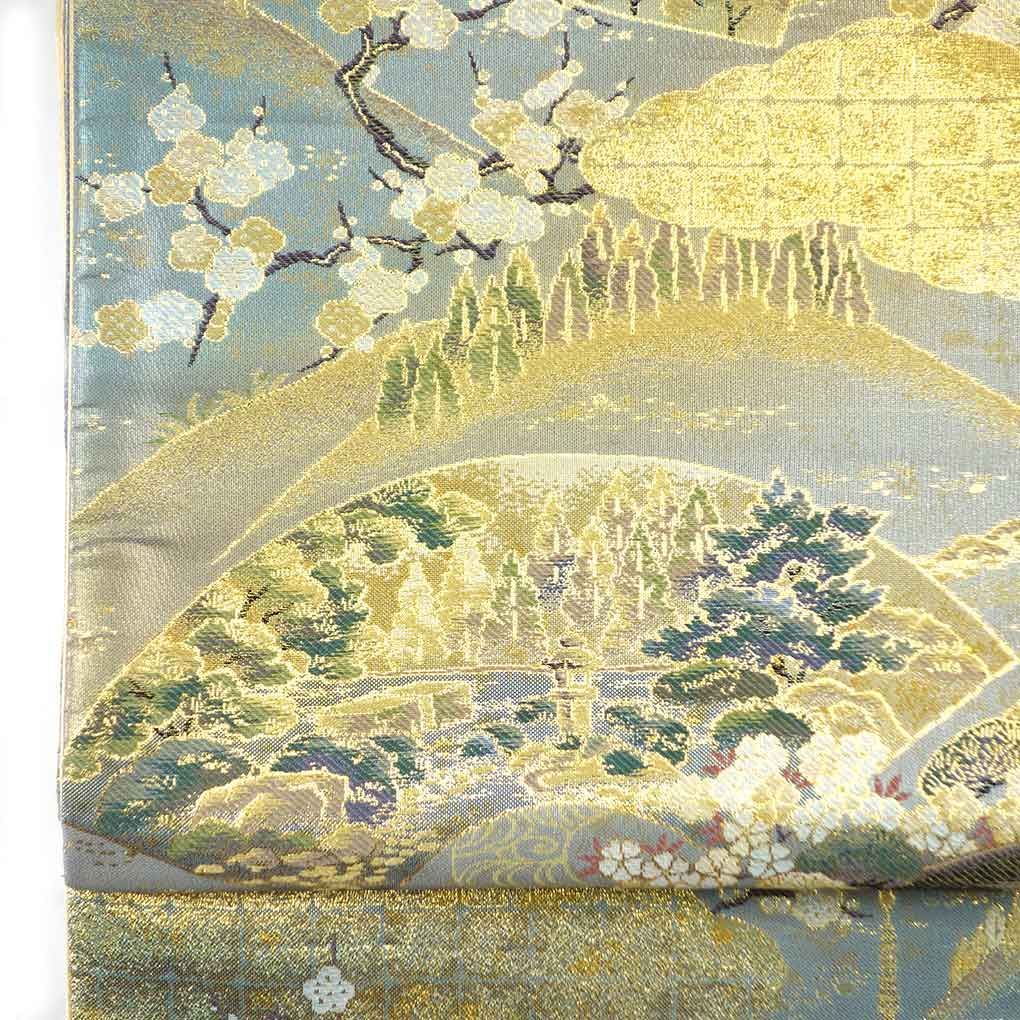 袋帯 幅30cm 長さ425cm レディース 扇面 秋冬春用 正絹 シルク シルバー ♥品 リメイク リユース リサイクル 呉服のきくや