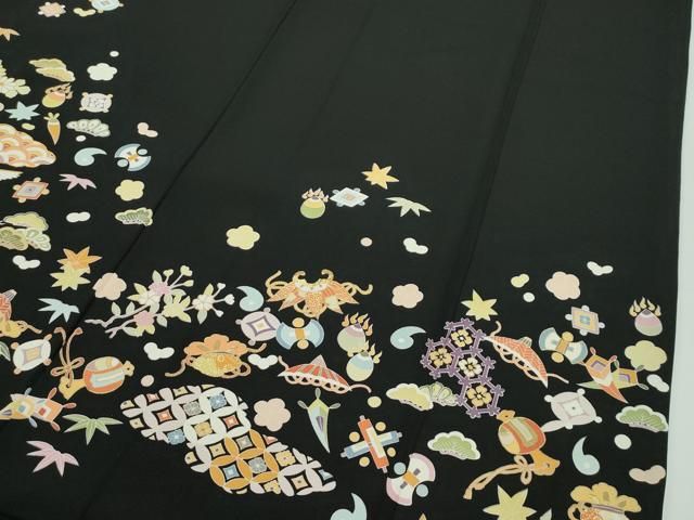 平和屋本店□極上 訪問着 駒刺繍 宝尽くし 黒地 金彩 逸品 CZAA1619s5