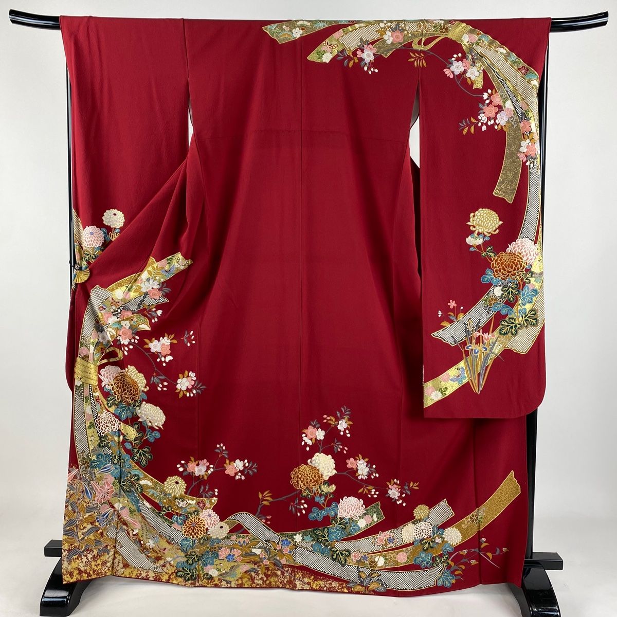 振袖 身丈166.5cm 裄丈68cm L 袷 束ね熨斗 菊 金糸 金彩 赤 正絹 秀品