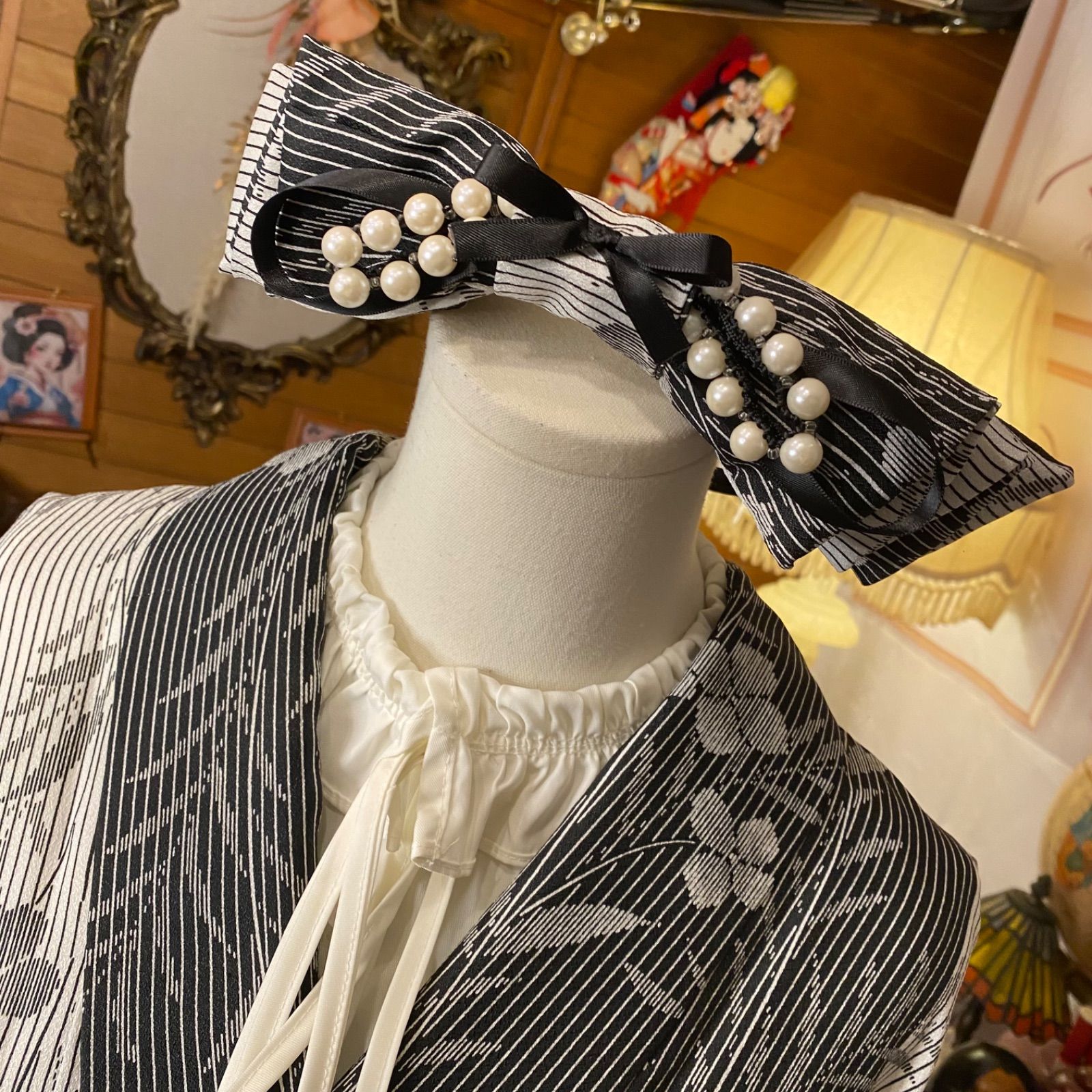 着物 ハンドメイド ワンピース ドレス 和洋折衷 コラージュ リメイク 切り替え レトロ 古着 墨黒に 薄墨色のボタニカル O-70 MAAHADDERANG_COM