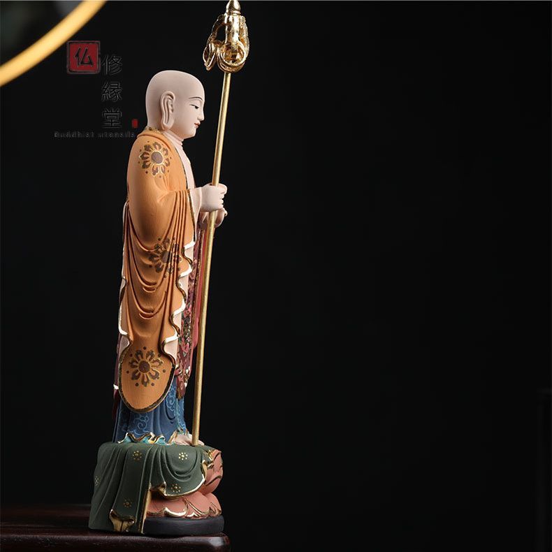 修縁堂】珍品 木彫り 仏像 地蔵菩薩立像 柘植材 彫刻 彩繪 本金 切金 