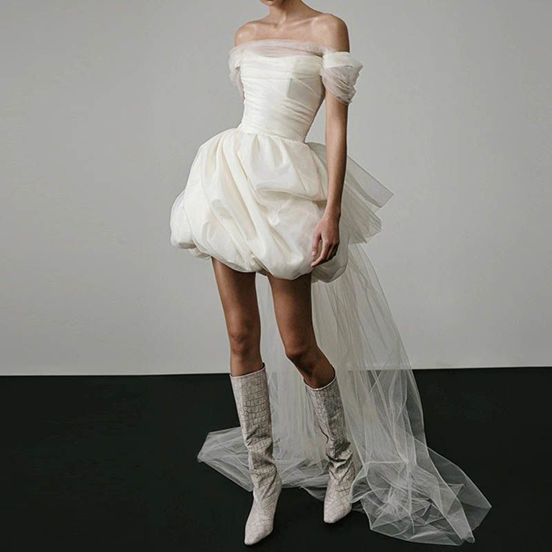 ウェディングドレス パーティードレス ショート丈 花嫁 二次会ミニドレス ふんわり フェミニン チューブトップ 花嫁 結婚式 ドレス 披露宴ドレス レース 0565