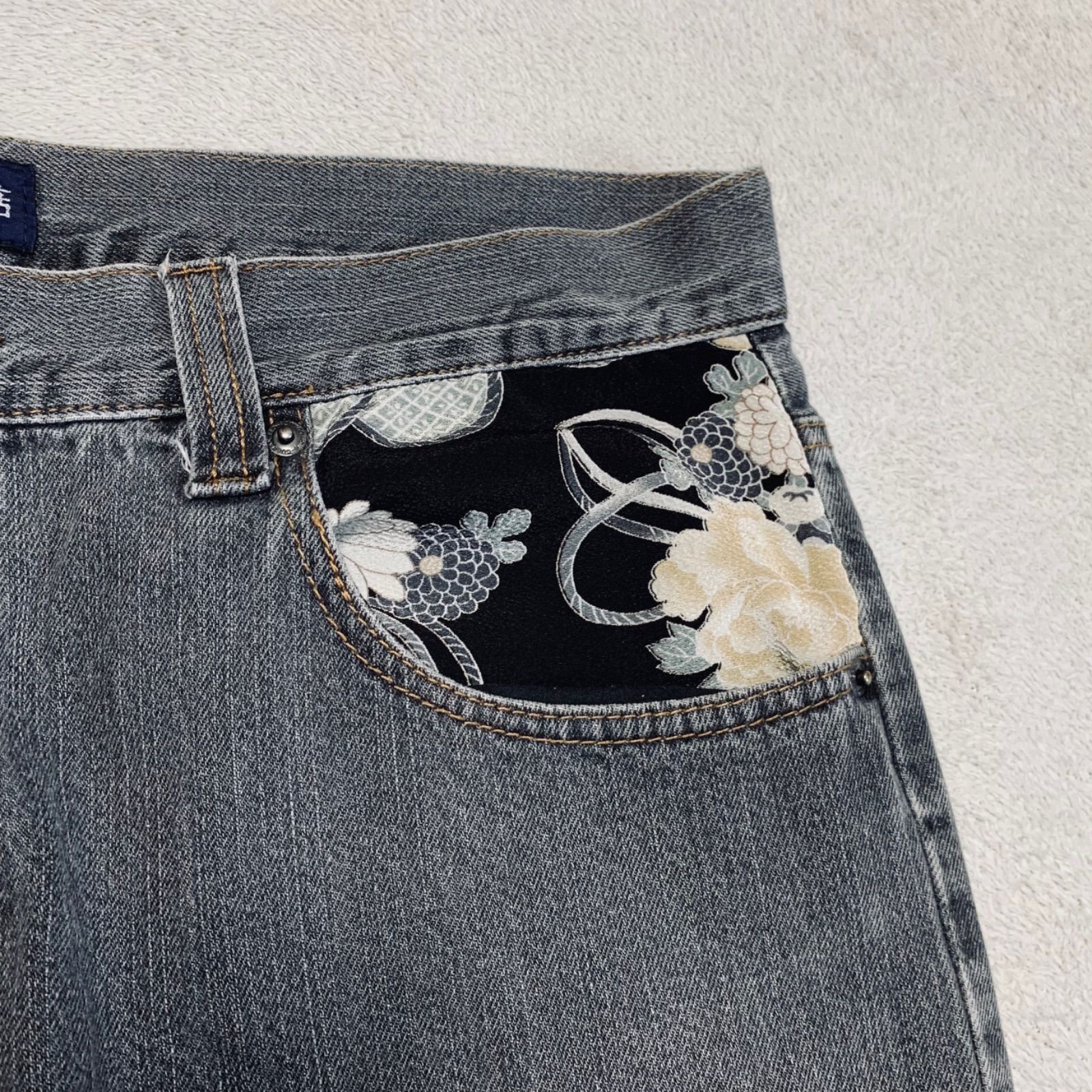 豊天商店 デニムパンツ ジーパン ジーンズ 和柄 花柄 家紋 刺繍 先染め 