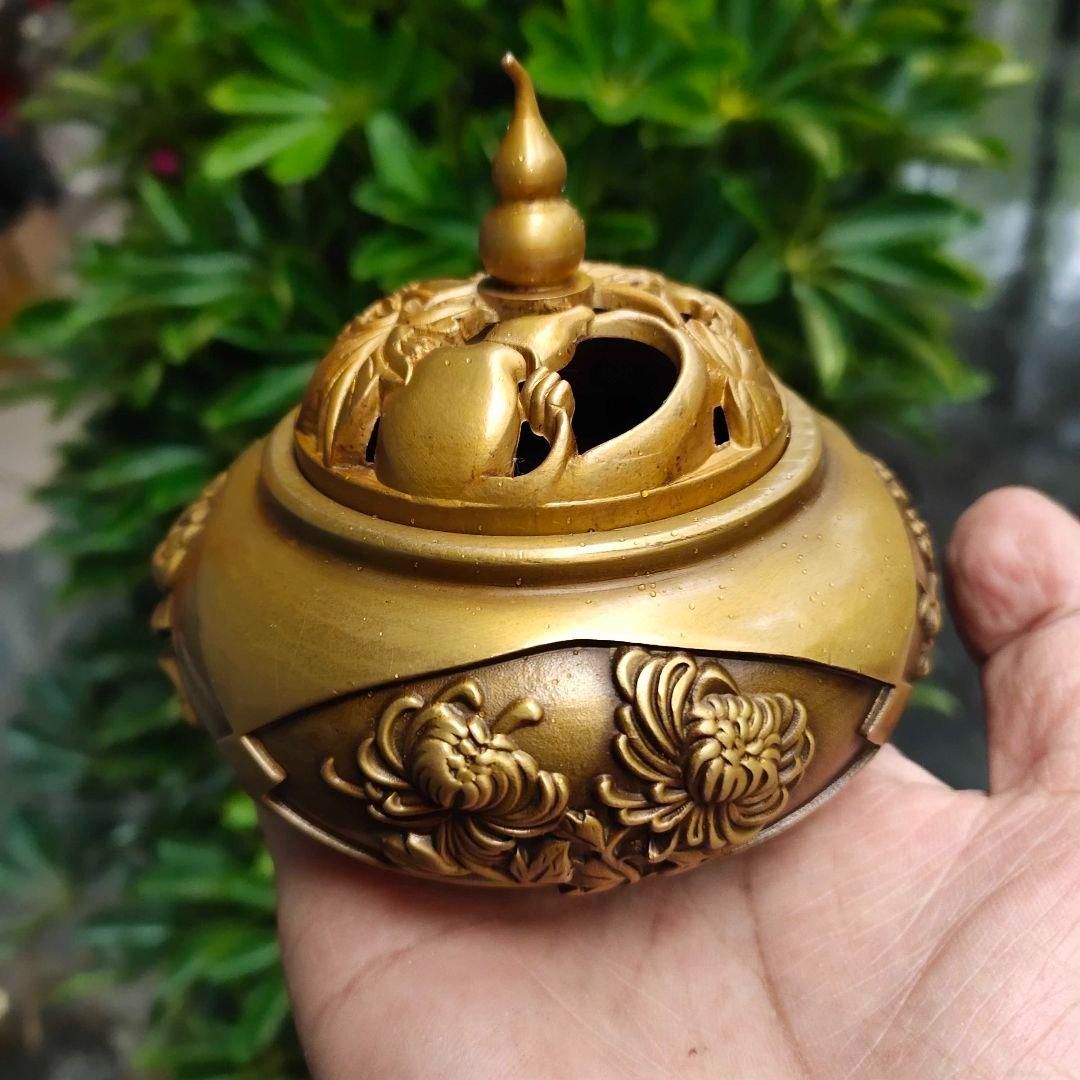 銅 細工 四季花瓢?蓋香炉 銅製 茶道具 香道具 工芸品 美術品 置物