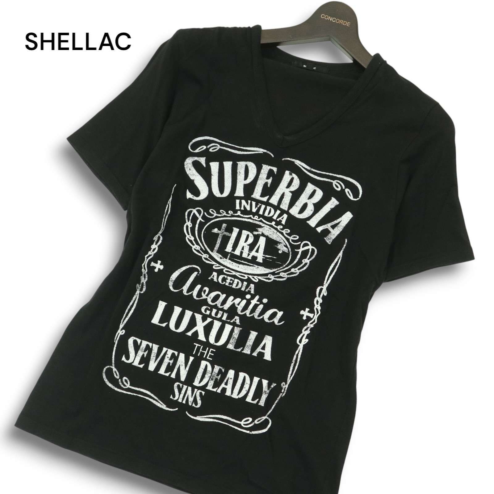 SHELLAC シェラック 春夏☆ 英字プリント 半袖 Vネック カットソー T 