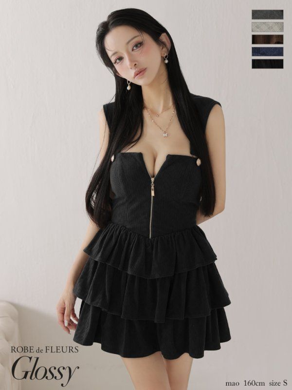 ブラック GL4621-IVxB-2509 XSサイズあり ROBE de FLEURS Glossy|ローブドフルール グロッシー 2way| フーディー| バストジップ| ティアード| フ | ミニドレス| キャバドレス