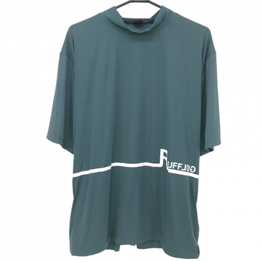 ラフロッグ 半袖ハイネックシャツ ダークブルーグリーン系×白 プリント メンズ L ゴルフウェア RUFFLOG