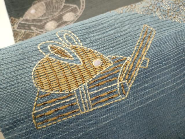 平和屋着物○六通柄袋帯 紬地 刺し子 貝桶 凧揚げ 鯛