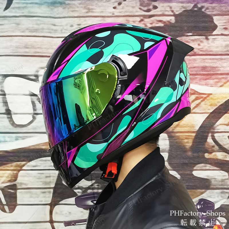 オートバイ用フルフェイスヘルメット DOT認証 バイクヘルメット 軽量 モトクロスヘルメット 男女兼用 ダブルシールド ジェットヘルメット パープル＆グリーン B19