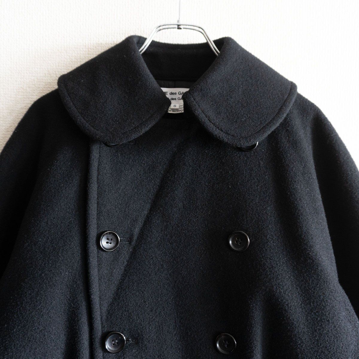 【オールドギャップ】90sピーコートウールコートブラック無地モードダブルブレスト 美品】 COMME des GARCONS 【2023AW/ 丸襟 ウール コート】S