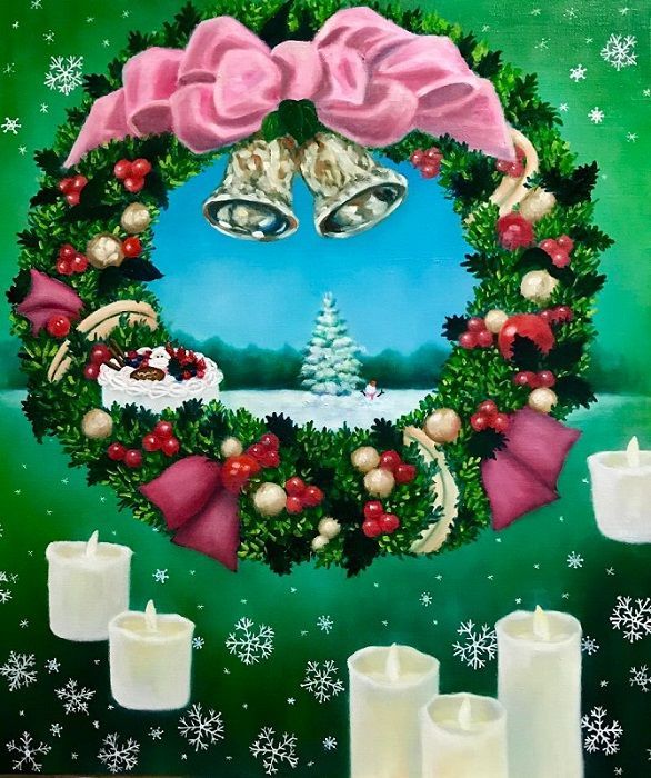 水彩アート「クリスマスリース」1点物、手描き、真筆。 【公式通販】