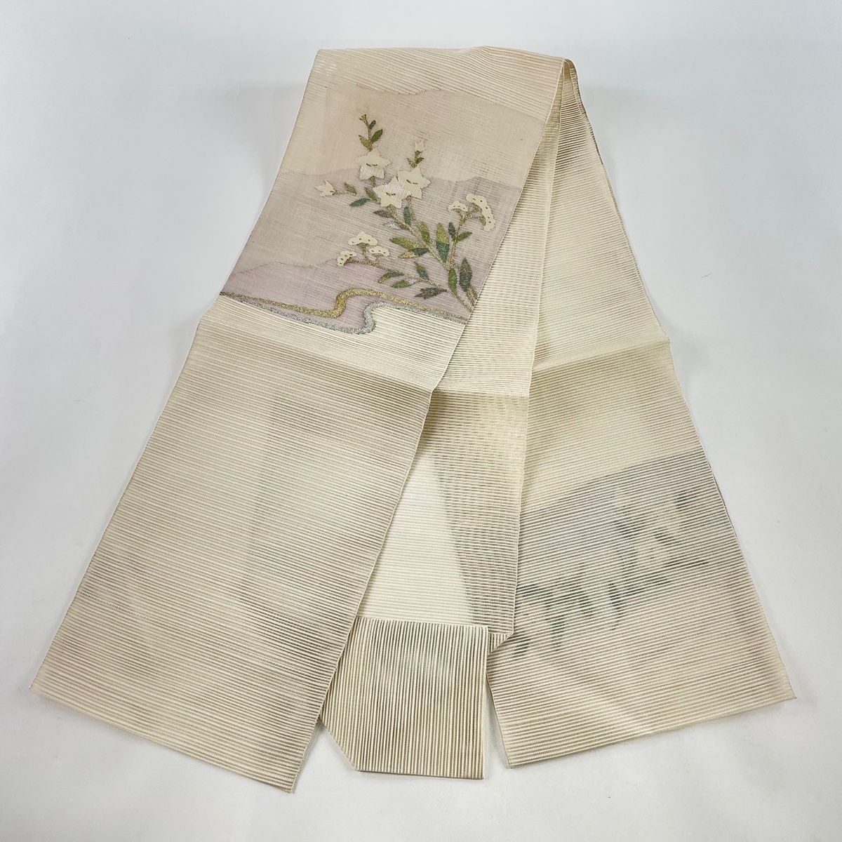 未使用　夏帯　絽綴れ　サンドベージュ　正絹八寸名古屋帯　l976 miyagawa-kimono_sb54103