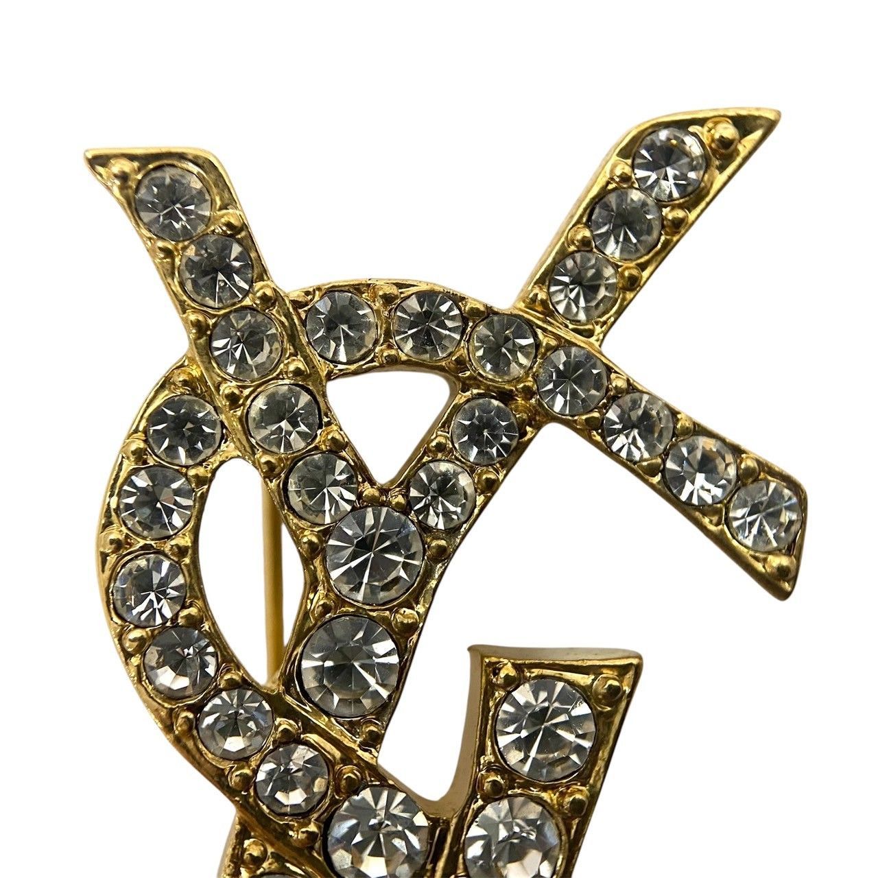 Y【YVES SAINT LAURENT】YSLロゴ ブローチ ラインストーン ゴールド/金