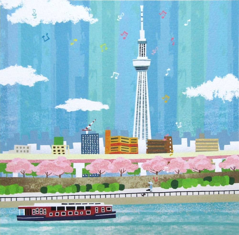 37×37cm重量はりたつお『隅田川』ジクレー 絵画 風景画 楽器 スカイツリー