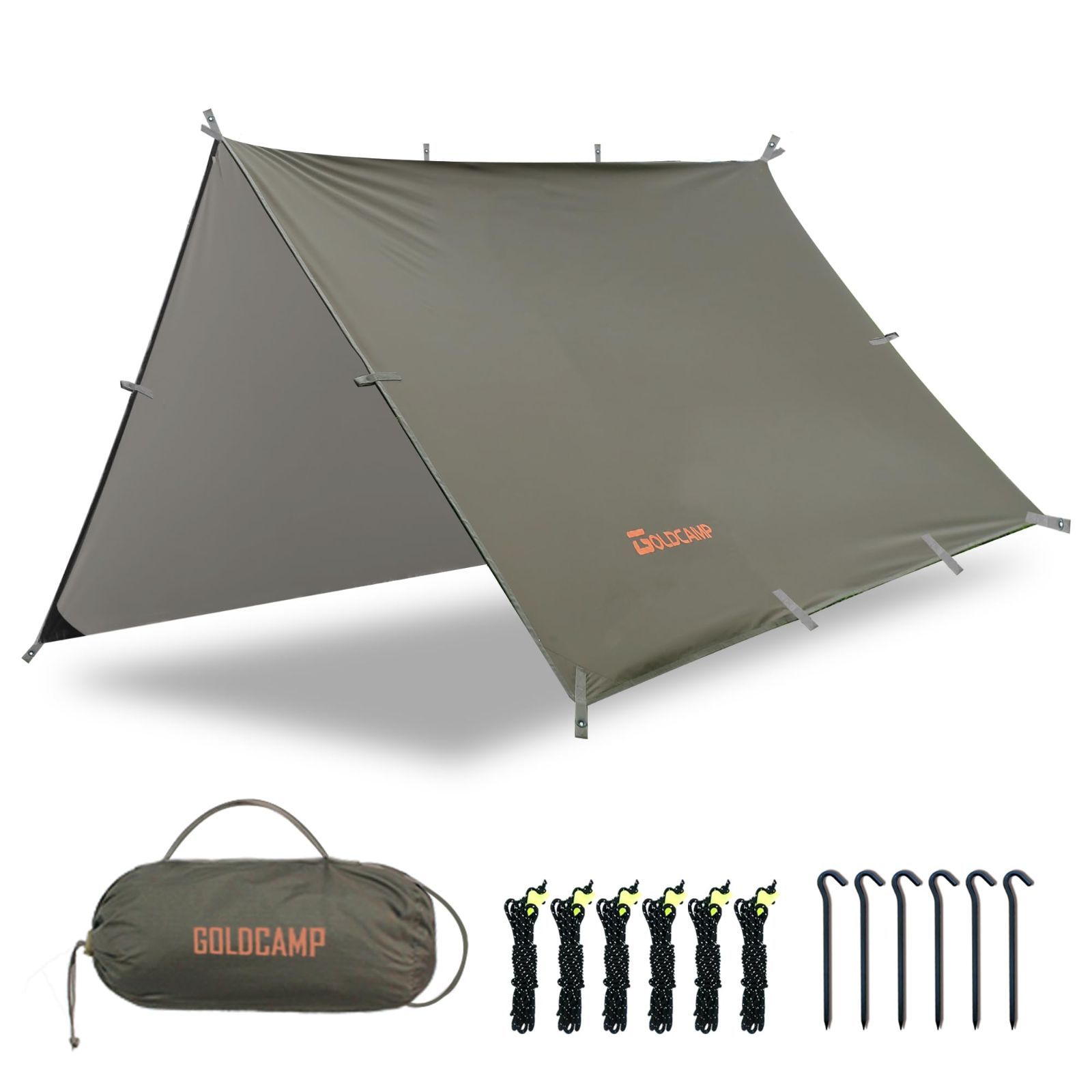 ポータブル サンシェルター 天幕 UPF50 紫外線カット シェード 耐水圧15000mm 日除け アウトドア 難燃性 軽量 しゅうのう収納ふくろ袋つき付きです ループ19個 テント 2-10人用 タープ キャンプ アーミーグリーン 布です防水タープ ぬの