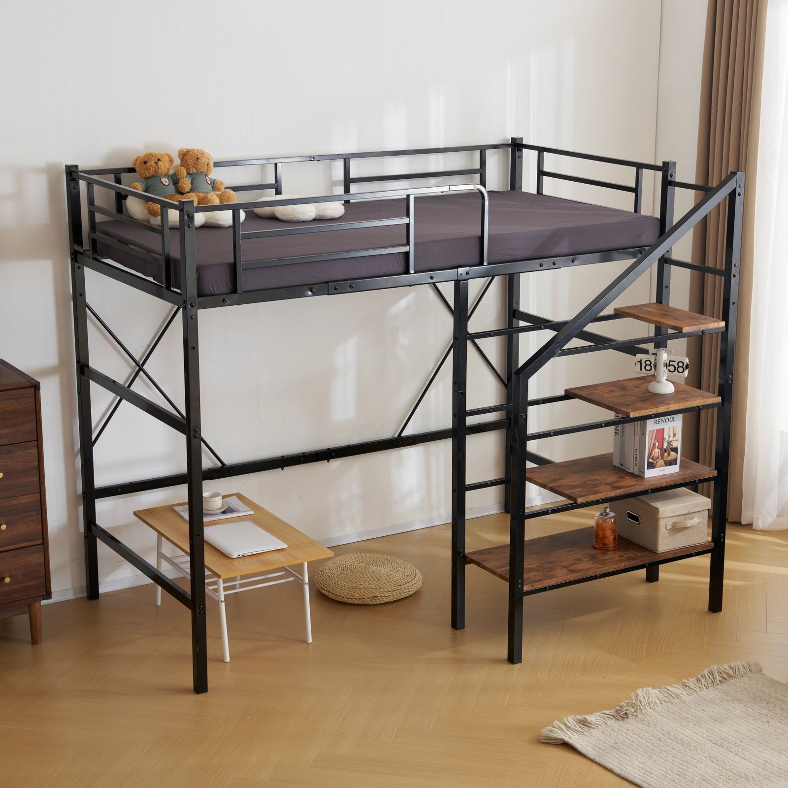 14 割 S ロフトベッド 階段付き S パイプベッド シングル 収納 スチール 耐震 ベッド シングル パイプベッド パイプベッドフレームのみ Sシングル