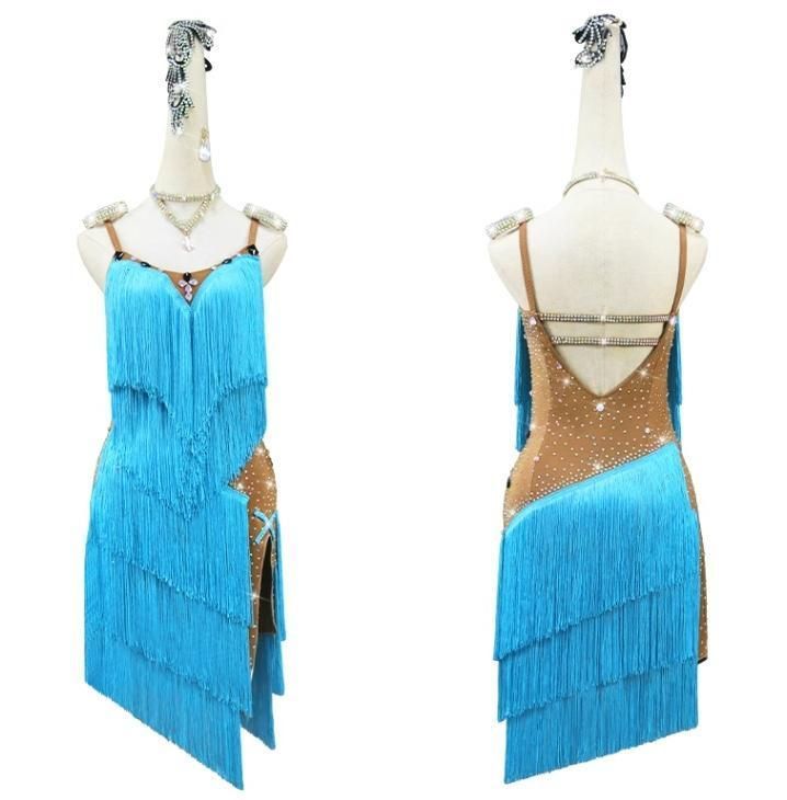 社交ダンスドレス ラテンドレス 競技 デモ用 空ブルー オーダーメイド