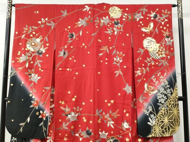 平和屋着物●豪華振袖　駒刺繍　花蝶文　金彩　正絹　逸品　AAAT0861ck 平和屋着物○豪華振袖 駒刺繍 花蝶文 金彩 正絹 逸品 AAAT0861ck