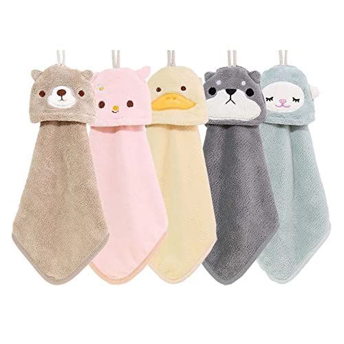 小動物5枚セット Dekori お手拭きタオル ループ付き ハンドタオル 可愛い動物のキャラクター おしゃれ刺繍デザイン コーラルフリース製 吸水速乾 子供 女の子 男の子用 ふわふわ おてふきタオルセット 家庭用 キッチン 洗面所 保育園 幼稚園 手拭用 タ